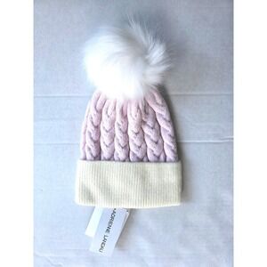 Adrienne Landau Womens NWT Pink White Fairycore Beanie | Cozy Soft Faux Fur‎ Pom